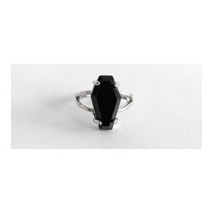 Silver Black Jeweled Coffin Ring // Size 7-7.5